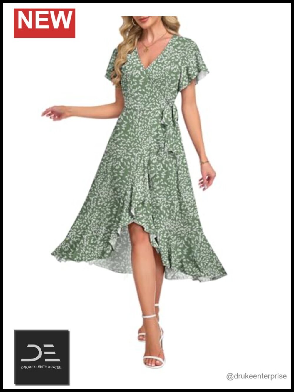 Women Summer Midi Wrap Dress Flutter Sleeve V-Neck A-Line Elegant